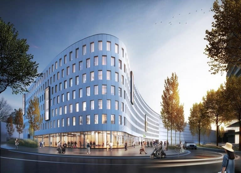 Rendering der geschwungenen Fassade des neuen Holiday Inn Express in Düsseldorf