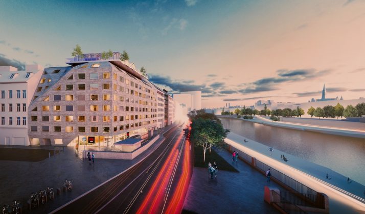 Rendering des Radisson Red Vienna direkt am Donaukanal. Bild: Innocad Architecture