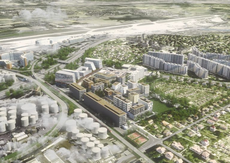 Rendering des Quartiers „de L’Étang“ am Rand der Schweizer Alpen. Bild: Evolution +
