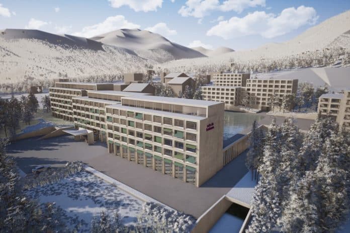 Rendering des Hotel- und Apartment-Komplexes von Mövenpick in Disentis. Bild: Maier Hess Architekten