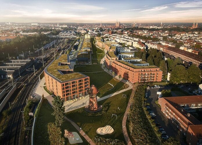 Vogelperspektive auf das geplante Quartier „Neue Meile“ in Lübeck. Bild: Die Wohnkompanie Nord GmbH