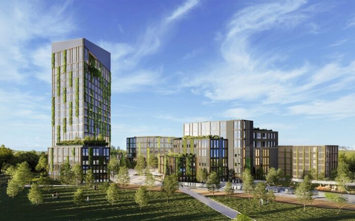 Rendering Quartier Kesselborn in Rostock mit Hochhaus