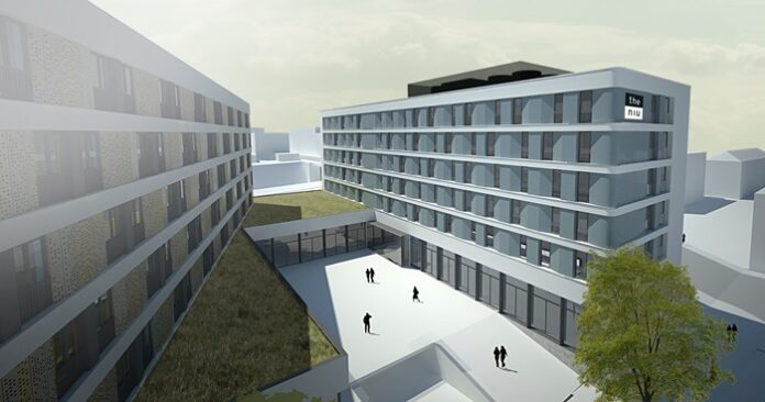 Rendering zweier langgestreckter und mehrstöckiger Gebäude