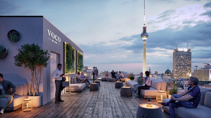 Rendering einer Dachterrassenbar mit blick auf den Berliner Fernsehturm