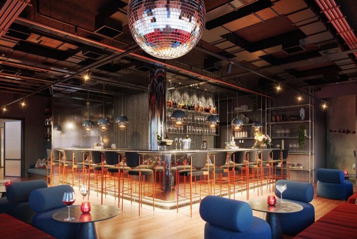 Rendering der Bar im neuen Me and all Hotel Berlin East Side. Bild: Dreimeta
