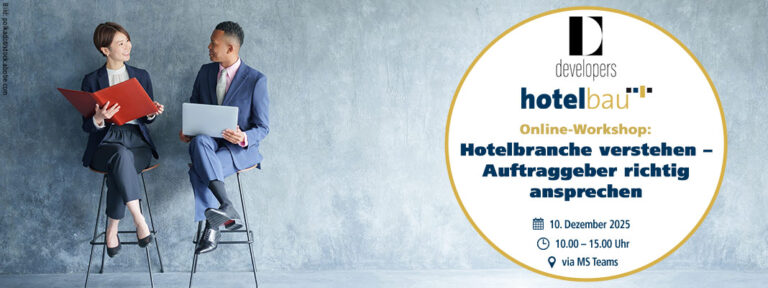 Eine Frau hält eine Mappe in der Hand und ein Mann einen Laptop. Beide sitzen auf Hochstühlen. Das Bild zeigt einen Button mit Werbung für Online-Workshop: Hotelbranche verstehen – Auftraggeber richtig ansprechen Bild: polkadot/stock.abobe.com