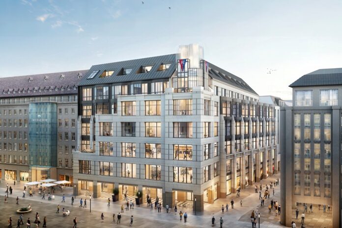 Rendering eines siebengeschossigen modernen Eckgebäudes mit Läden im Erdgeschoss