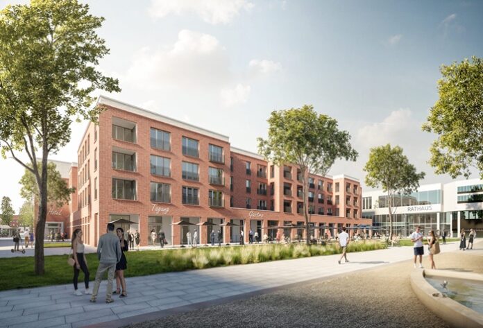 Rendering eines viergeschossigen modernen rötlichen Gebäudes