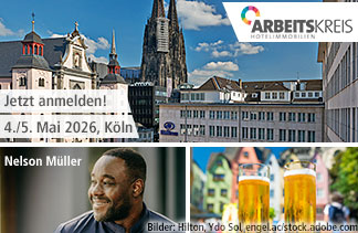 Banner für den Arbeitskreis Hotelimmobilien: Panorama von Köln mit Dom, Hinweis "Jetzt anmelden! 4./5. Mai 2026, Köln", daneben Bild von Nelson Müller und zwei Gläsern Bier.