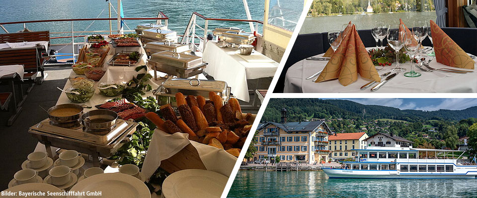 Collage mit Eindrücken einer Schifffahrt auf dem Tegernsee: reichhaltiges Buffet an Deck mit Brot, Salaten und Warmhaltebehältern, festlich gedeckter Tisch mit Stoffservietten und Weingläsern im Innenraum sowie Passagierschiff vor der Uferpromenade mit traditionellen Gebäuden und bewaldeten Hügeln im Hintergrund, Bilder: Bayerische Seenschifffahrt GmbH