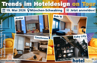 Keyvisual für die Veranstaltung „Trends im Hoteldesign on Tour“ am 19. Mai 2026 in München-Schwabing: buntes Sofa vor farbiger Wand sowie Logos von Hospitality Bar Talks und hotelbau und Fotos von den Hotels Andaz Schwabinger Tor, Timehouse Schwabinger Tor, Bob W Münchner Freiheit und Ruby Lilly.