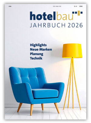 Magazine cover for Hotelbau Jahrbuch 2026 featuring a blue armchair and a yellow floor lamp, with the highlights: Highlights, Neue Marken, Planung, Technik.