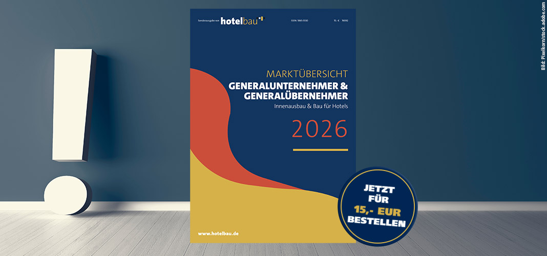 Headerbild mit Ausrufezeichen für die hotelbau Sonderausgabe: Marktübersicht Marktübersicht Generalunternehmer & Generalübernehmer für den Innenausbau und Bau von Hotels 2026