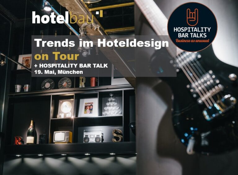 Poster for Hospitality Bar Talks: 'Trends im Hoteldesign on Tour' over a dark hotel bar scene.