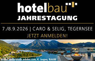 Werbung für hotelbau Jahrestagung am 7./8. September 2016 am Tegernsee mit Fotos vom See und dem Hinweis 'Jetzt anmelden!'