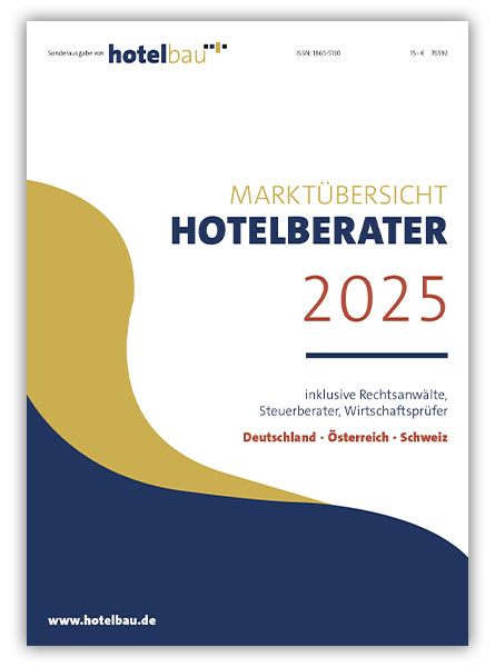 Cover of Hotelbau magazine: 'Marktübersicht Hotelberater 2025' with gold and navy abstract shapes, year 2025, and small subtitle mentioning Germany, Austria, Switzerland.
