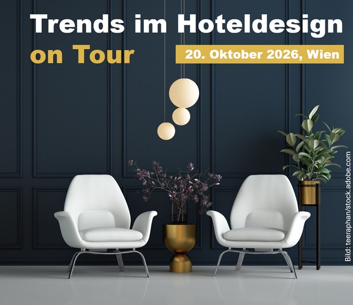 Poster advertising 'Trends im Hoteldesign on Tour' with date Vienna, 20. Oktober 2026; features two white lounge chairs, dark blue paneled wall, hanging lights, and plants.