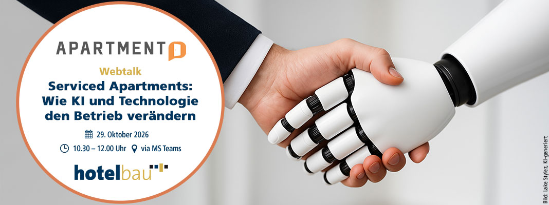 Banner for a webtalk on AI and technology transforming operations in serviced apartments; shows a human hand shaking a robotic hand inside a circular overlay, with event details (29 Oct 2026, 10:30–12:00, via MS Teams).