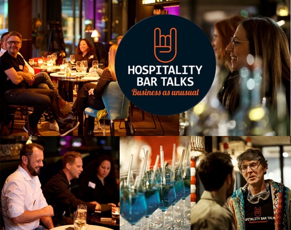 Hospitality Bar Talks collage featuring the event logo at center, with groups chatting and drinks around a lively bar scene.